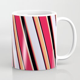 [ Thumbnail: Lavender, Brown, Crimson, and Black Colored Striped Pattern Coffee Mug ]