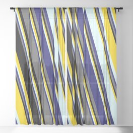 [ Thumbnail: Yellow, Light Cyan, Midnight Blue, Dim Grey & Black Colored Striped Pattern Sheer Curtain ]