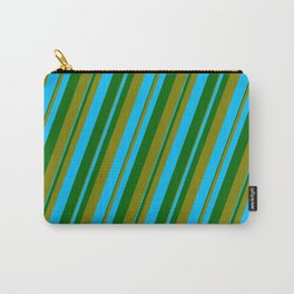 [ Thumbnail: Dark Green, Green, and Deep Sky Blue Colored Lined Pattern Carry-All Pouch ]