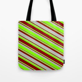 [ Thumbnail: Dark Red, Grey & Chartreuse Colored Lined/Striped Pattern Tote Bag ]