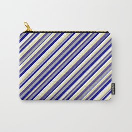 [ Thumbnail: Vibrant Dark Slate Blue, Dark Gray, Dark Blue, White, and Pale Goldenrod Colored Striped Pattern Carry-All Pouch ]