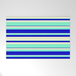 [ Thumbnail: Light Yellow, Aquamarine, and Blue Colored Striped/Lined Pattern Welcome Mat ]