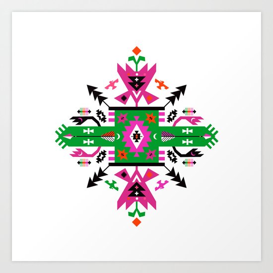 Fuchsia and Green Ethnic Aztec Ornament Art Print