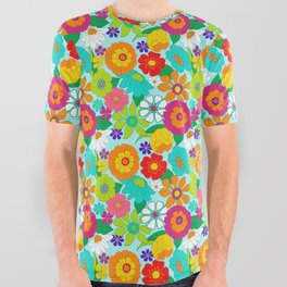 Retro Groovy Hippie Flowers Pattern All Over Graphic Tee