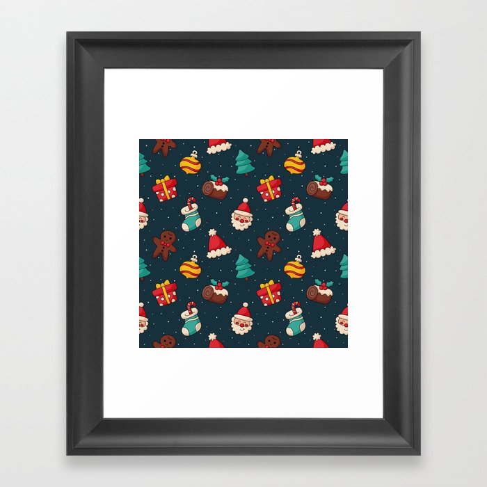 Christmas Characters Seamless Pattern on Blue Background Framed Art Print
