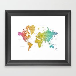 Rainbow watercolor world map with cities "Phoenix"  Framed Art Print