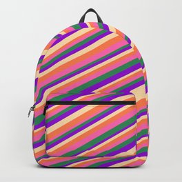 [ Thumbnail: Eyecatching Coral, Hot Pink, Sea Green, Dark Violet, and Tan Colored Pattern of Stripes Backpack ]