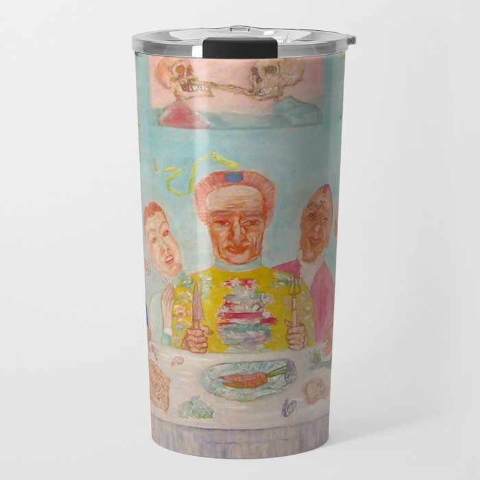 Banquet of the Starved, comical repast the last supper with skeleton portraits grotesque art portrait painting by James Ensor Travel Mug
