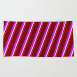 [ Thumbnail: Eye-catching Purple, Fuchsia, Light Grey, Red, and Maroon Colored Striped/Lined Pattern Beach Towel ]