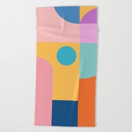 Playful Color Block Shapes in Bright Shades of Orange, Blue, Yellow, and Pink Beach Towel