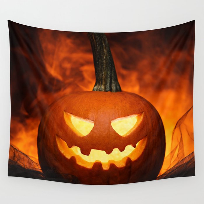 Carved Pumpkin for Halloween on Dark Background Wall Tapestry