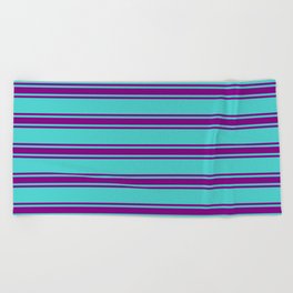 [ Thumbnail: Turquoise and Purple Colored Lines/Stripes Pattern Beach Towel ]