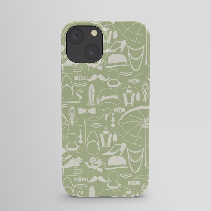 White Old-Fashioned 1920s Vintage Pattern on Vintage Sage iPhone Case