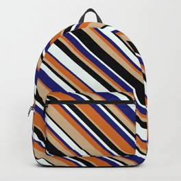 [ Thumbnail: Eyecatching Tan, Black, Mint Cream, Midnight Blue & Chocolate Colored Striped Pattern Backpack ]