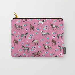Pink Horse Print, Hand Drawn, Horses and Flowers, Girls Room, Carry-All Pouch