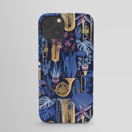 Music to my eyes // oxford navy blue background gold textured musical instruments blue indoor plants coral music notes iPhone Case