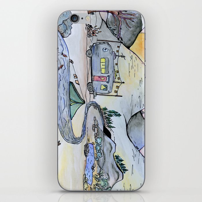Vintage camping van in the mountains under a full moon- Illustration iPhone Skin