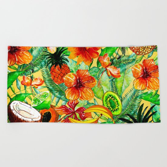 My tropical Summer Hibiscus and Fruits Garden- Jungle Pattern on #Society6 Beach Towel