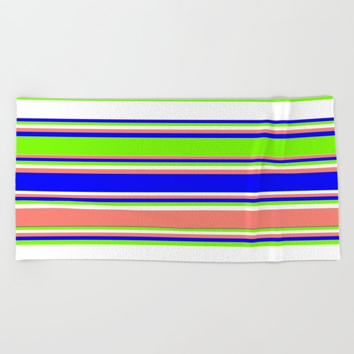 Blue, Green, White, and Salmon Colored Lined Pattern Beach Towel