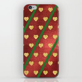 Gold Hearts on a Red Shiny Background with Green Diagonal Lines  iPhone Skin