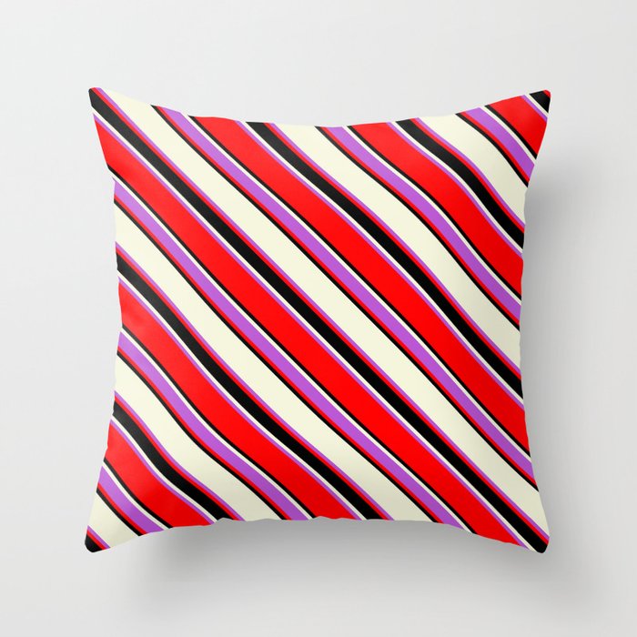 Beige, Orchid, Red & Black Colored Striped/Lined Pattern Throw Pillow