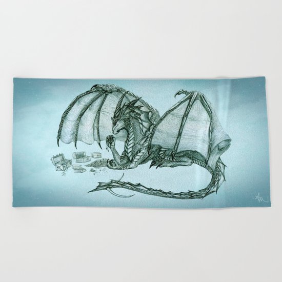 "Material Girl" by Amber Marine ~ (Sea Mist Version) Graphite & Charcoal Dragon Art, (c) 2005 Beach Towel