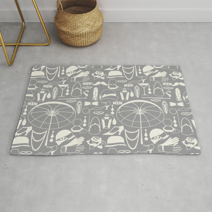 White Old-Fashioned 1920s Vintage Pattern on Silver Grey Rug