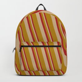 [ Thumbnail: Red, Tan, and Dark Goldenrod Colored Lined Pattern Backpack ]