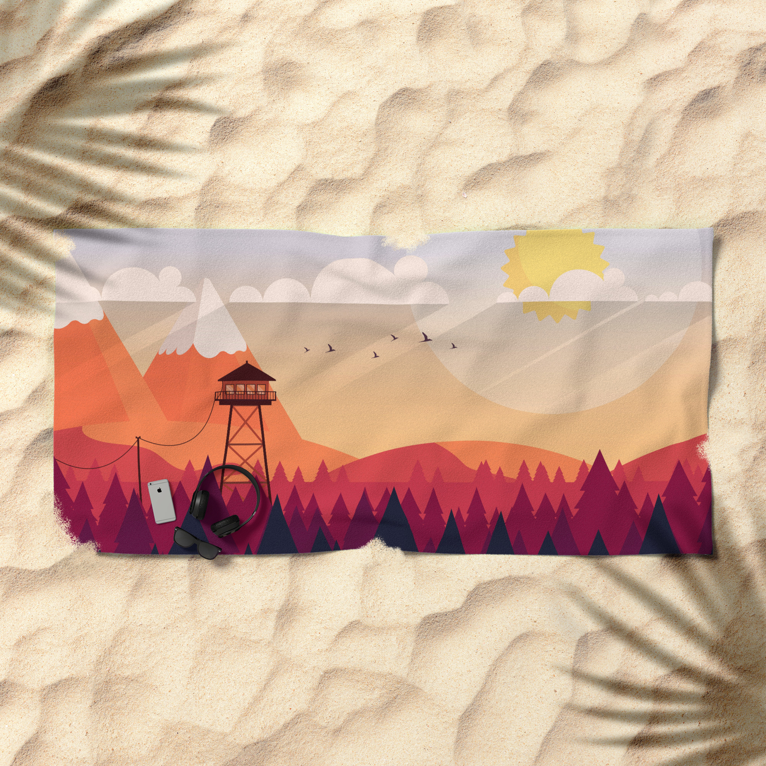 Wallpaper Vector Art Landscape With Fire Lookout Tower Beach Towel By Free