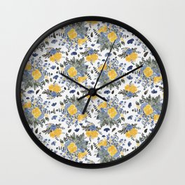 Memories of Blue and Yellow Floral Print Wall Clock | Digital, Flowers, Yellow, Blue, Jardim, Painting, Watercolor, Garden, Florals, Pattern 
