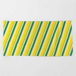 [ Thumbnail: Teal, Pale Goldenrod & Yellow Colored Lines Pattern Beach Towel ]