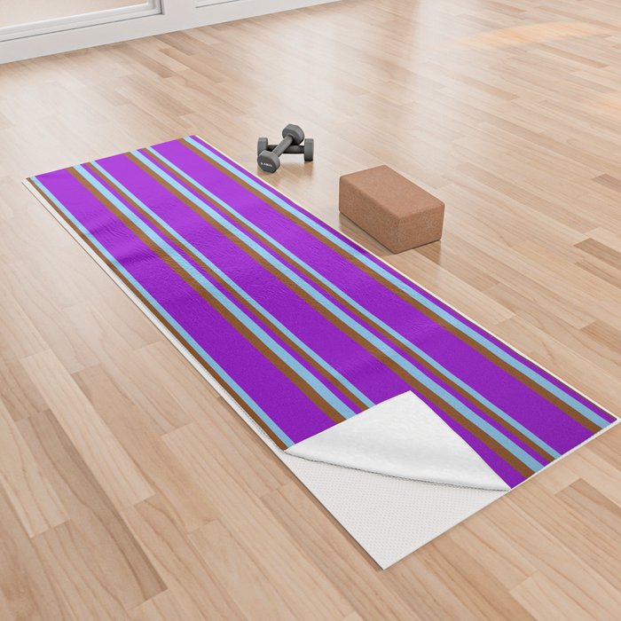 Light Sky Blue, Brown, and Dark Violet Colored Pattern of Stripes Yoga Towel