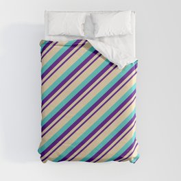 [ Thumbnail: Indigo, Tan, and Turquoise Colored Striped/Lined Pattern Duvet Cover ]