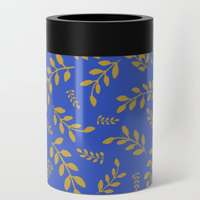 Satin Sheen Gold Leaves on a Cerulean Blue background Can Cooler