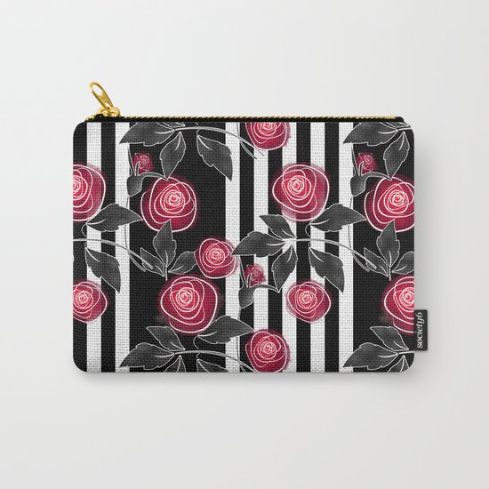 Red roses on black and white striped background. Carry-All Pouch