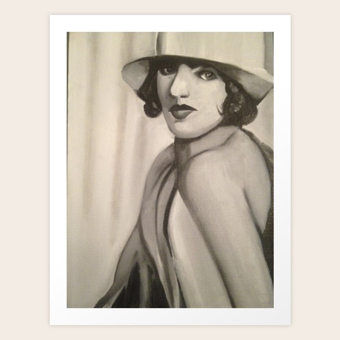 Vintage 1920 S Black And White Painting Woman In A White Hat Art