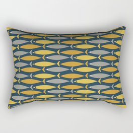 Mid Century Modern Fish Stripes Pattern in Light Mustard, Dark Mustard, Grey, and Navy Blue Rectangular Pillow