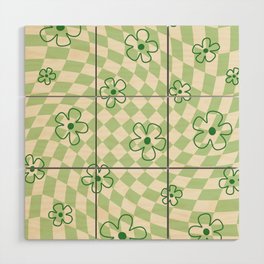 Green Checker Swirl With Flowers Wood Wall Art
