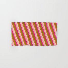 [ Thumbnail: Green, Chocolate, Light Pink, Tan, and Deep Pink Colored Lines/Stripes Pattern Hand & Bath Towel ]