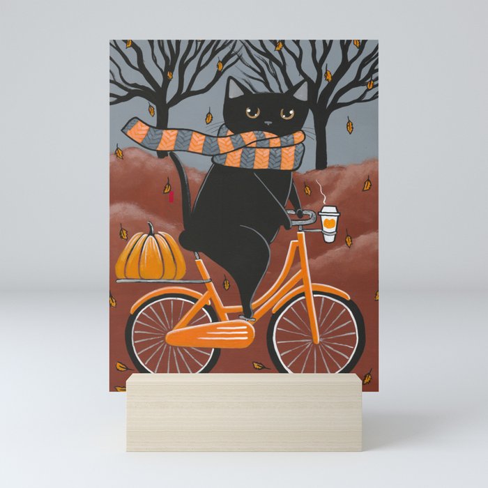 Black Cat Autumn Bicycle Ride Mini Art Print