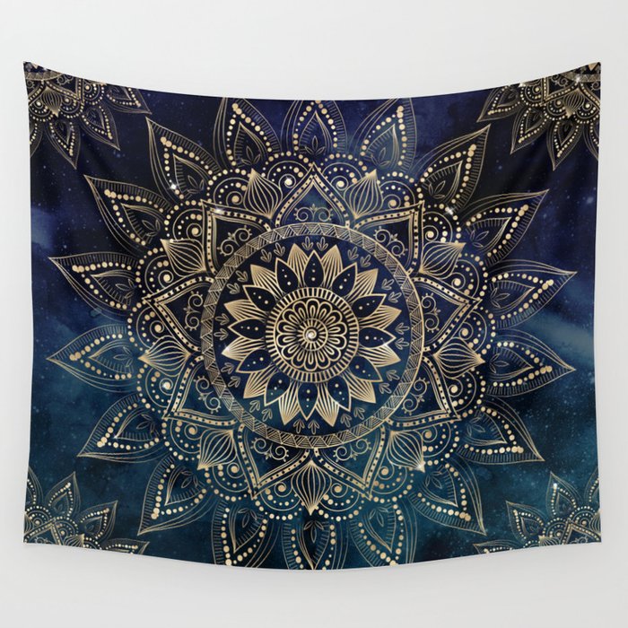 Elegant Gold Mandala Blue Galaxy Wall Tapestry