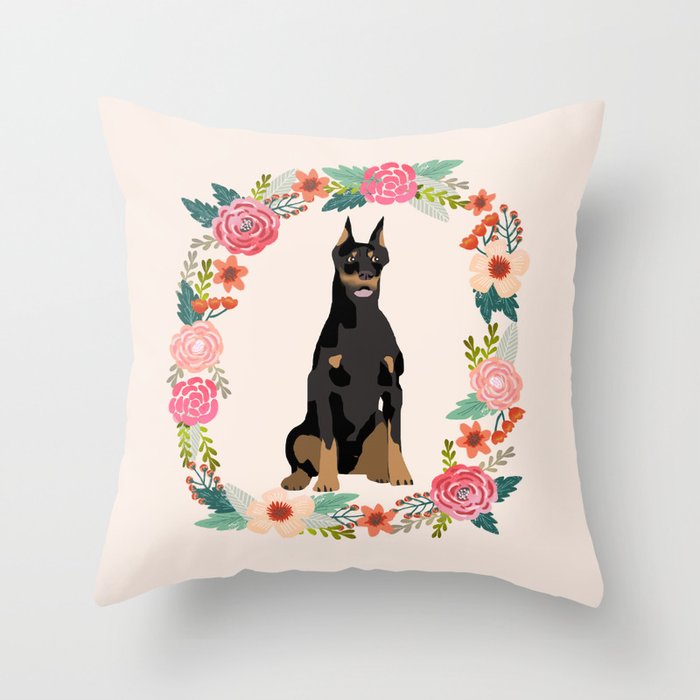 doberman pinscher dog floral wreath dog gifts pet portraits Throw Pillow