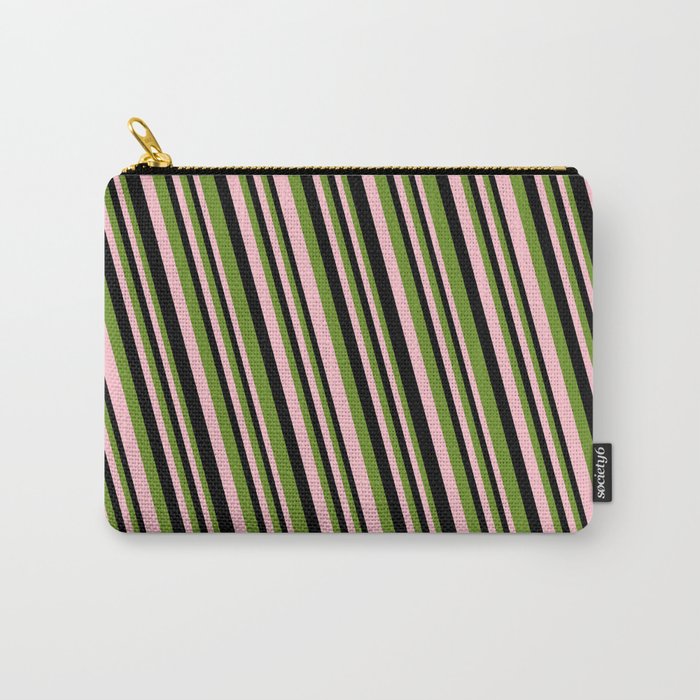 Green, Pink, and Black Colored Striped Pattern Carry-All Pouch