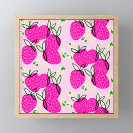 Strawberry Blossoms Hot Pink Berry Retro Modern Mid-Century Pastel Kitchen Fruit Illustration Pattern Design Framed Mini Art Print