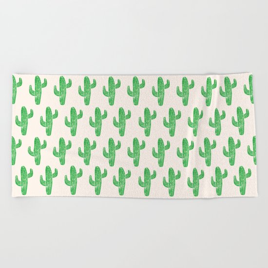 Linocut Cacti Green Beach Towel