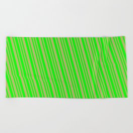 [ Thumbnail: Dark Khaki & Lime Colored Striped Pattern Beach Towel ]