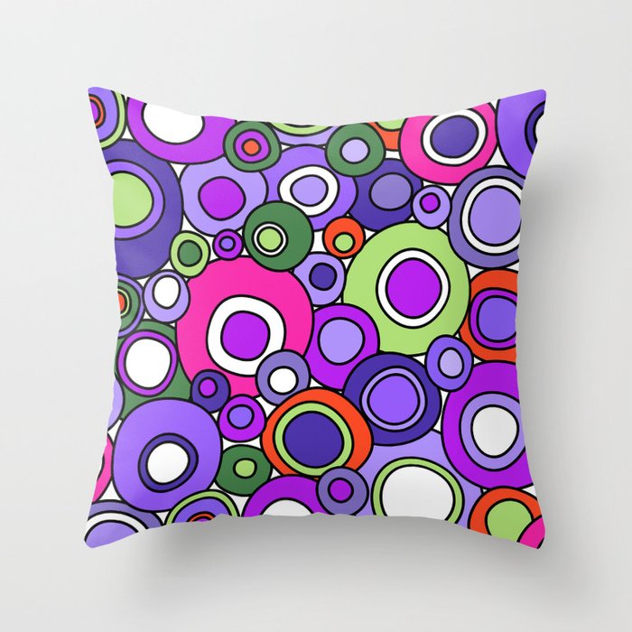 Mid Century Modern Circles // Psychedelic Purple, Fuchsia Pink, Green, Orange, Black and White Throw Pillow