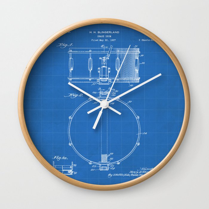 Snare Drum Patent - Drummer Art - Blueprint Wall Clock