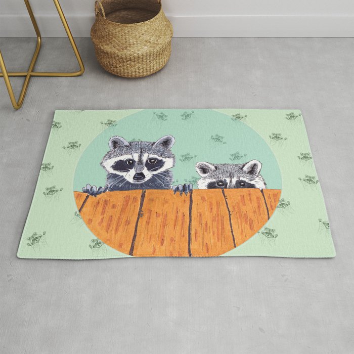 Peeking Raccoons #3 Pastel Green Rug