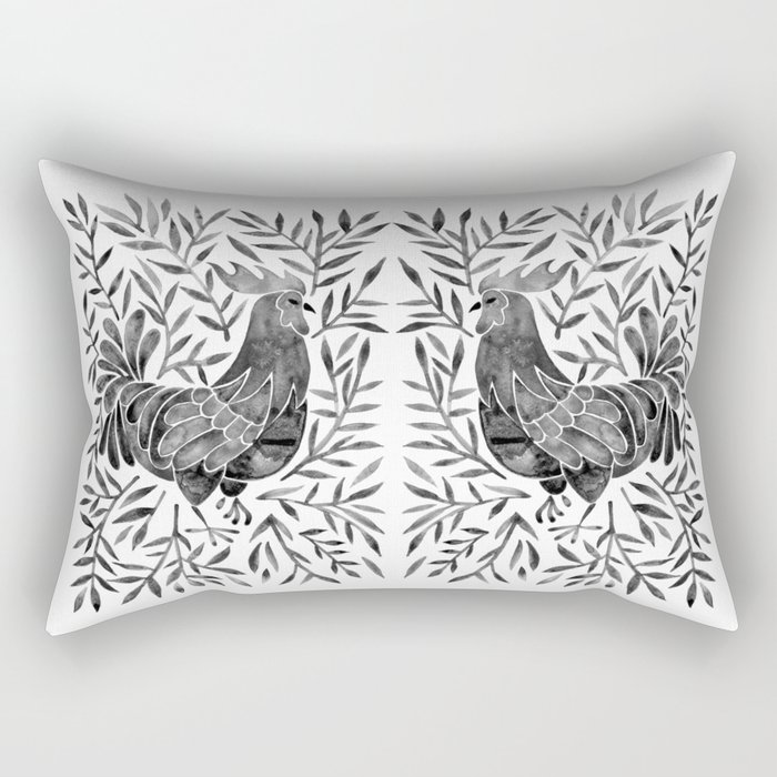 Le Coq – Watercolor Rooster with Black Leaves Rectangular Pillow